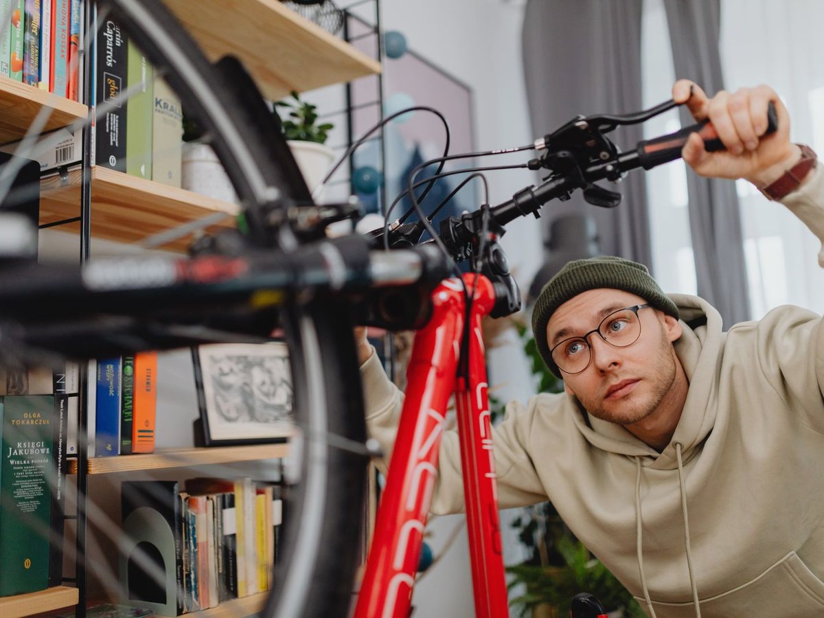 A bicycle being repaired in a workshop